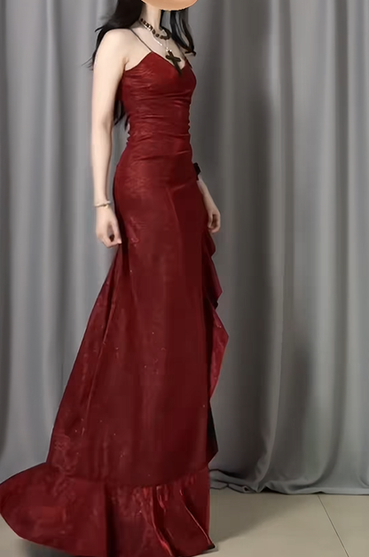 Shiny Spaghetti Straps Burgundy Satin Sequin Ruffles Slit Mermaid Long Party Dress Evening Dress Dress D2487