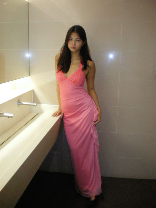 Charming V Neck Pink Chiffon Pleated Long Prom Dress Evening Gowns D906