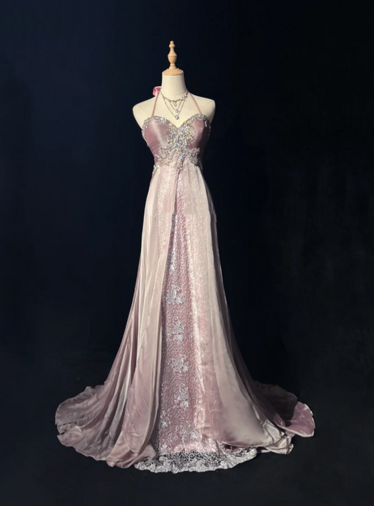 Glamorous Pink Halter Satin Lace Beaded Mermaid Evening Dress Long Birthday Prom Dress Party Gown D2069