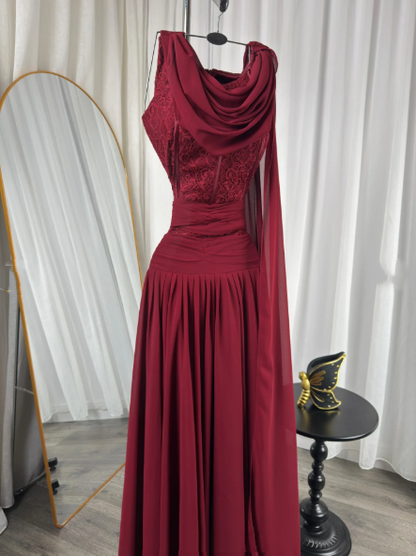 Classy Burgundy Chiffon Slit Mermaid Long Wedding Guest Dress Birthday Evening Dress D1949