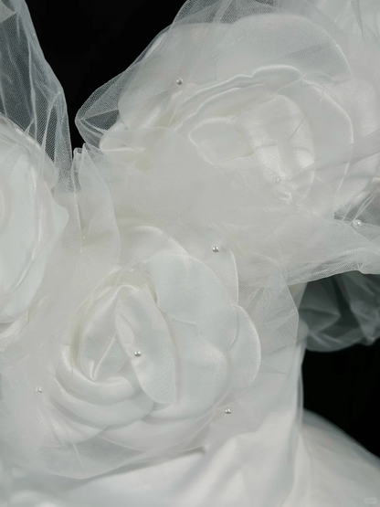 Fairy Ball Gown Off The Sholder 3D Flowers White Tulle Beaded Long Evening Dress Birthday Dress D2507