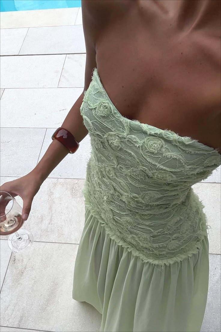 Elegant Light Green Tulle Ruched Floral Chiffon A Line Long Prom Dress Party Gown D3442
