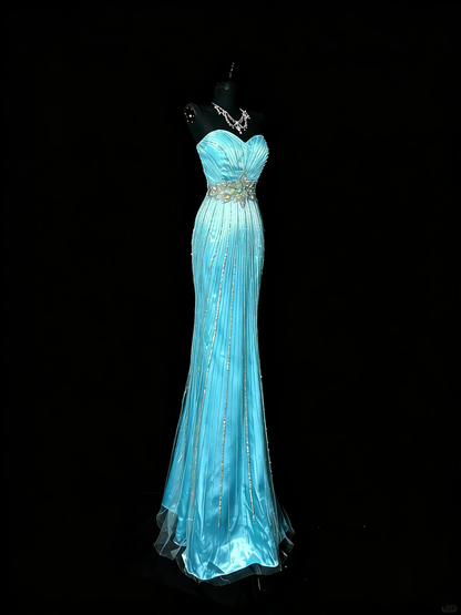 Gorgeous Sweetheart Neck Satin Tulle Beaded Long Prom Gown Blue Mermaid Long Evening Dress D4895