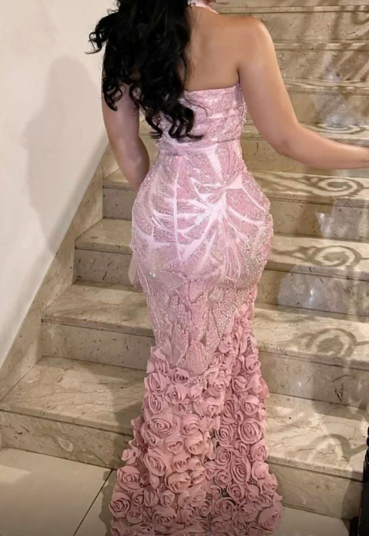 Pretty Halter V Neck Satin Sequin 3D Floral Pink Mermaid Long Party Dress Evening Gowns D5133