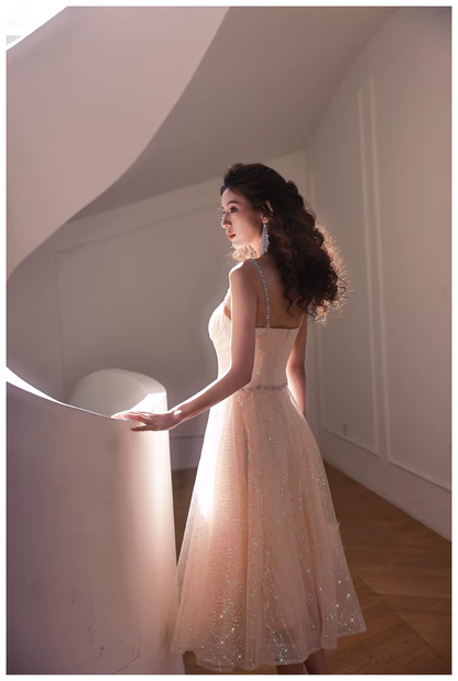 Elegant Light Champagne Tulle Sequin Beaded A Line Mid Length Birthday Prom Dress Evening Gown D2443