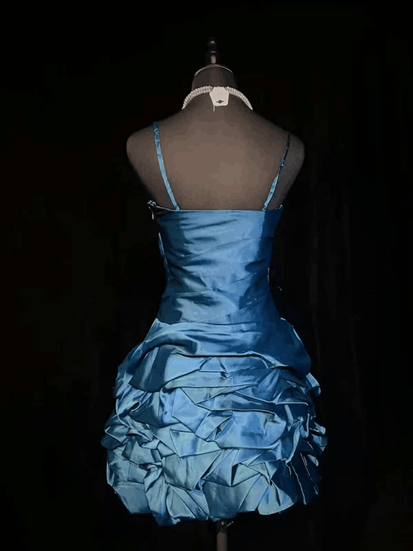 Vintage Spaghetti Straps Navy Blue Satin Pleated Short Homecoming Dress Cocktail Dress D4500