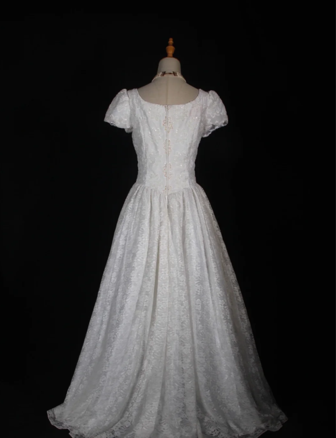 Pretty White Satin Beaded Floral Lace Ball Gown Formal Long Wedding Dress D2284