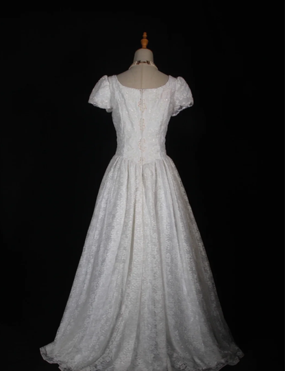 Pretty White Satin Beaded Floral Lace Ball Gown Formal Long Wedding Dress D2284