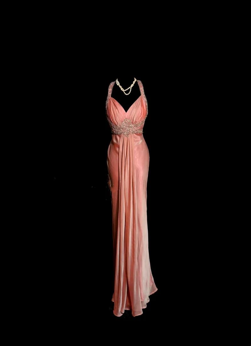 Elegant Peach Pink V-Neck Long Prom Dress Beaded Backless Mermaid Long Party Dress D4737