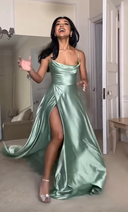 Stylish Spaghetti Straps Pink A Line Slit Bridesmaid Dress Long Prom Dress D962