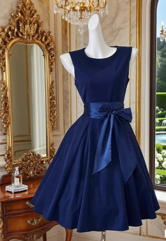 Vintage Navy Blue Satin A Line Short Party Dress Formal Graduation Homecoming Dress D267