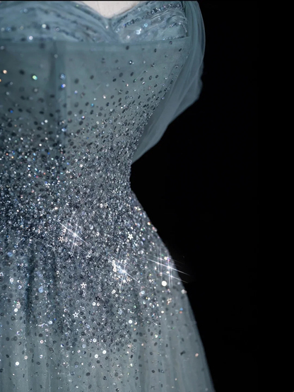 Charming Off The Shoulder Tulle Beaded A Line Long Birthday Prom Dress Blue Long Party Dress D4845