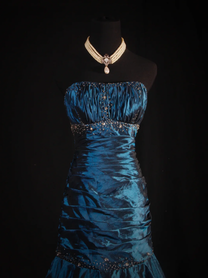 Gorgeous Strapless Satin Pleated Layered Beaded Evening Dress Navy BLue Mermaid Long Party Dress D2223