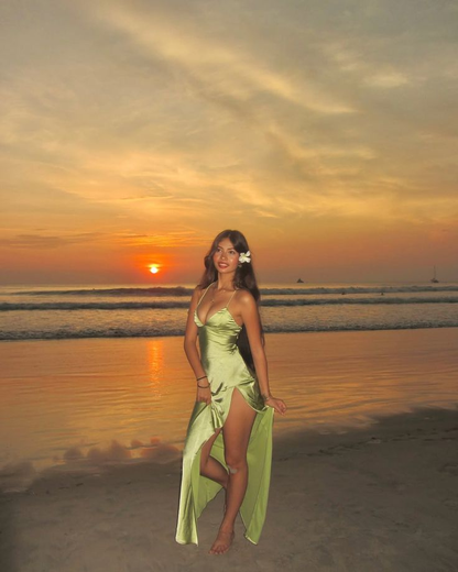 Simple Green Halter Satin Slit A Line Long Party Dress Evening Gown D1471