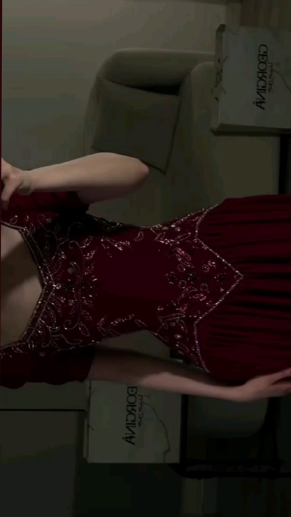 Gorgeous Red Satin Beaded A Line Long Party Dress Evening Gown D4927
