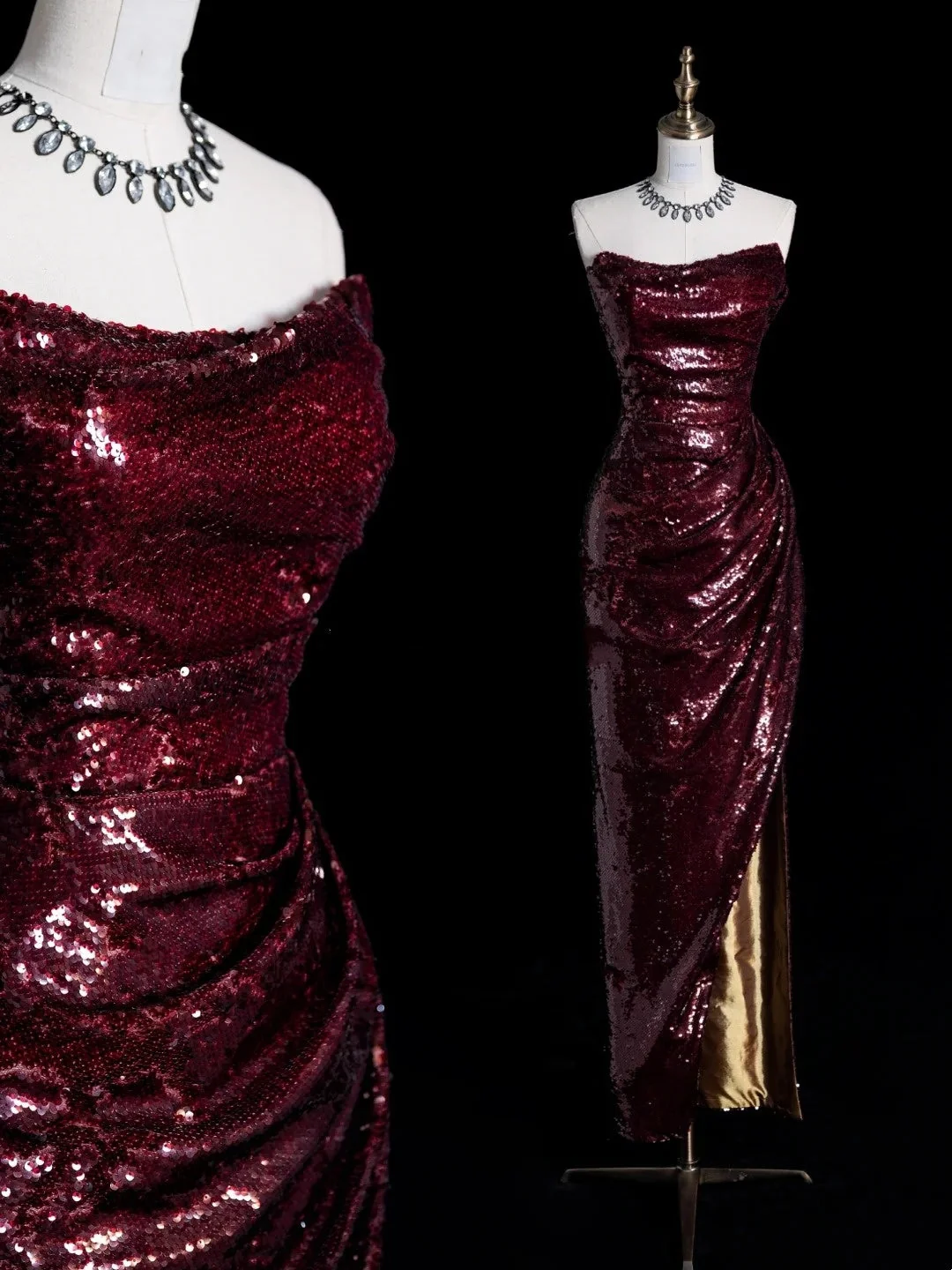 Sparkly Strapless Sheath Sequin Slit Long Wedding Guest Dress Burgundy Long Party Dress Evening Gown D4898