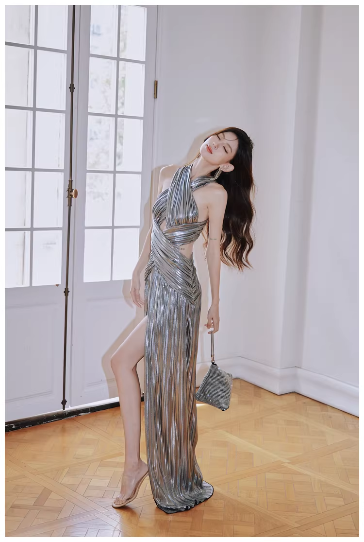 Fashion Silver Gray Satin Pleated High Slit Long Evening Dress Sexy Prom Dress D2429