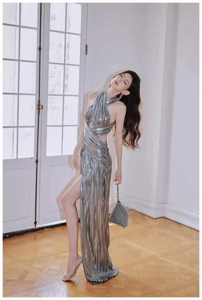 Fashion Silver Gray Satin Pleated High Slit Long Evening Dress Sexy Prom Dress D2429