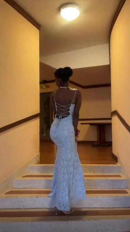 Elegant Spaghetti Straps Blue Mermaid Evening Dress Long Party Dress D4983