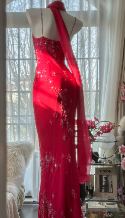 Pretty Red Spaghetti Straps Chiffon Beaded Mermaid Evening Dress Long Birthday Party Dress Prom Gown D1789