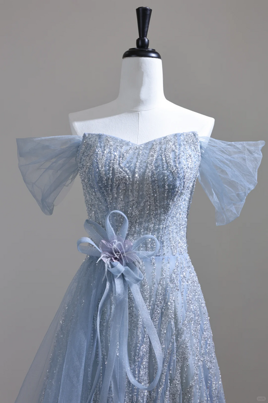 Shiny Blue Tulle Sequin Beaded Long Evening Dress, Off The Shoulder Birthday Prom Dress D3128