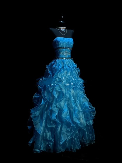 Vintage Ball Gown Strapless Blue Organza Ruffles Long Prom Dresses Party Dress D4463