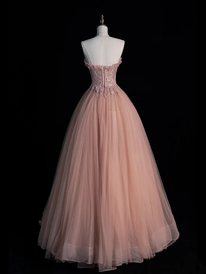 Pretty Sweetheart Neck Tulle Sequin Appliques Long Party Dress Pink Long Evening Dress D4834
