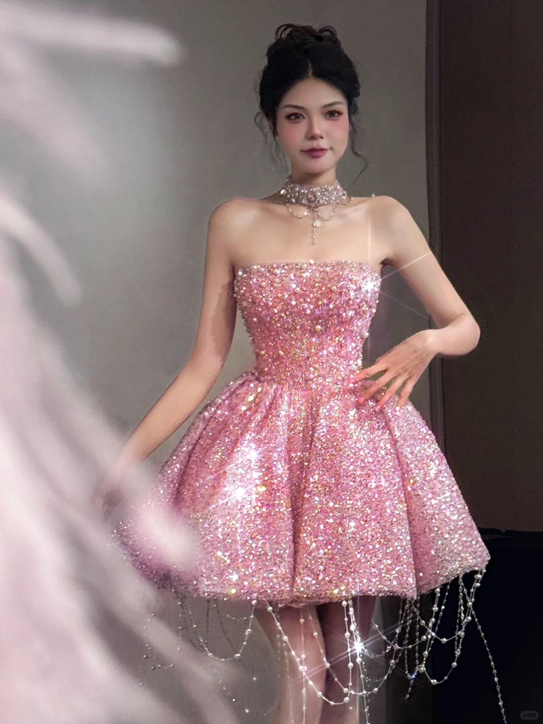 Gorgeous Pink Strapless Sequin Beaded A Line Short Homecoming Dress Birthday Dress With Tassel D3065