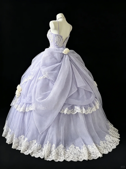 Sweet Lilac Strapless Tulle Lace Hem Quinceanera Dress Sweet 15 16 Dress With 3D Florals D5237