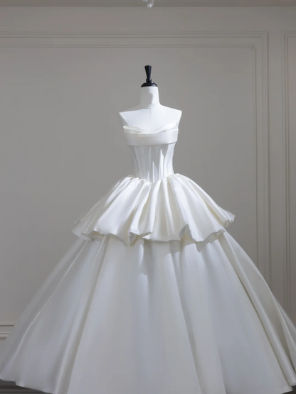 Fairy Strapless White Satin Pleated Long Wedding Dress D3089