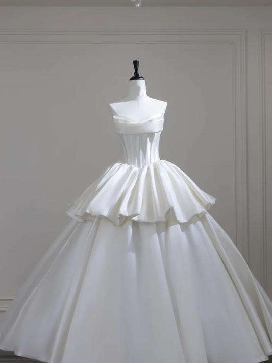Fairy Strapless White Satin Pleated Long Wedding Dress D3089