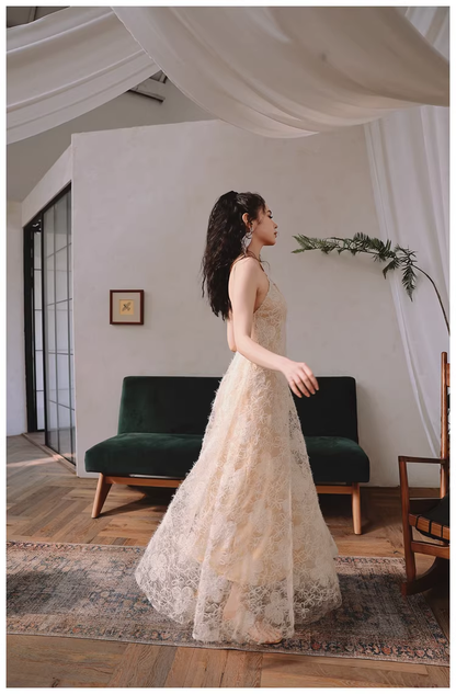 Elegant Sleeveless Lace Backless Long Birthday Party Dress Evening Gown D2439