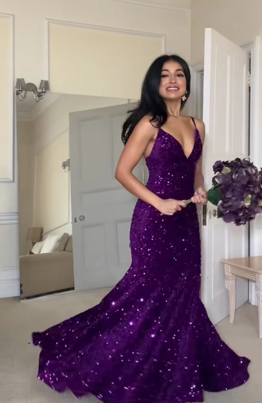Fashion Purple Spaghetti Straps V Neck Sequin Mermaid Party Dress Long Evening Gown D1564