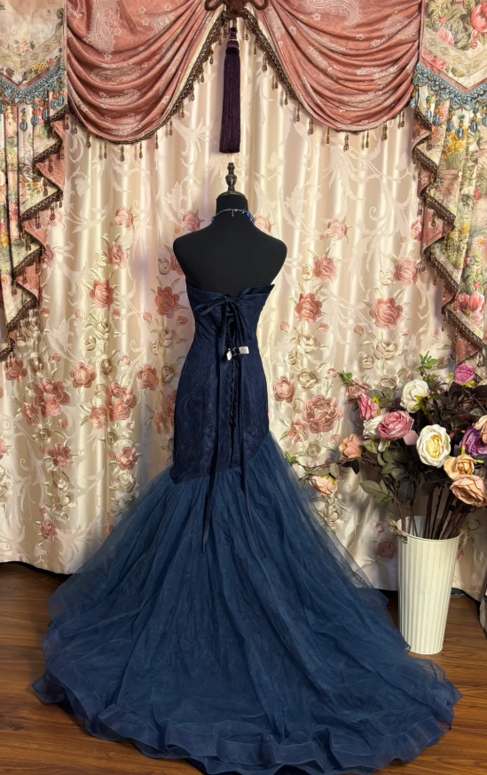 Elegant Strapless Navy Blue Tulle Lace Beaded Mermaid Evening Dress Long Birthday Prom Dress D2187