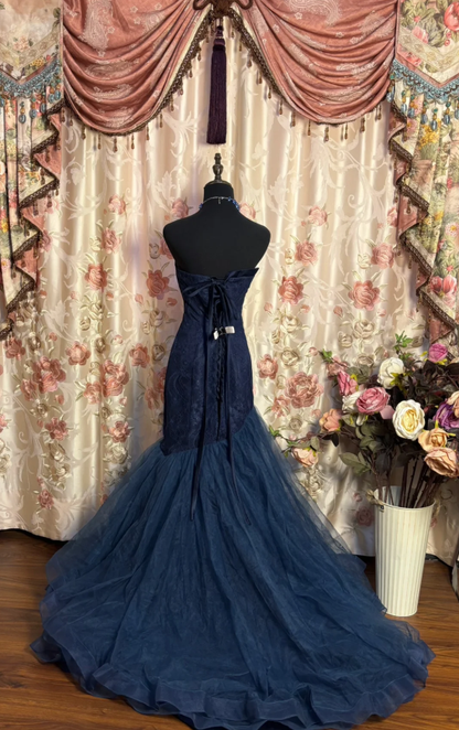 Elegant Strapless Navy Blue Tulle Lace Beaded Mermaid Evening Dress Long Birthday Prom Dress D2187