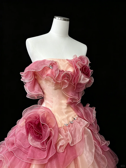 Retro Ball Gown Pink Gradient Strapless Tulle Layered Ruffles Beaded Quinceanera Dress D5277