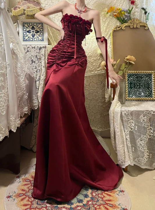 Pretty Strapless Burgundy Satin Pleated Mermaid Party Dress Long Wedding Guest Dress With 3D Flowers D2055