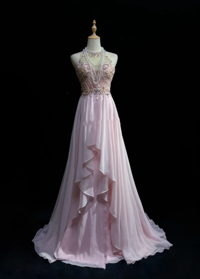 Classy Halter Chiffon Beaded Mermaid Formal Wedding Guest Dress,Pink Long Evening Dress Party Dress D2071