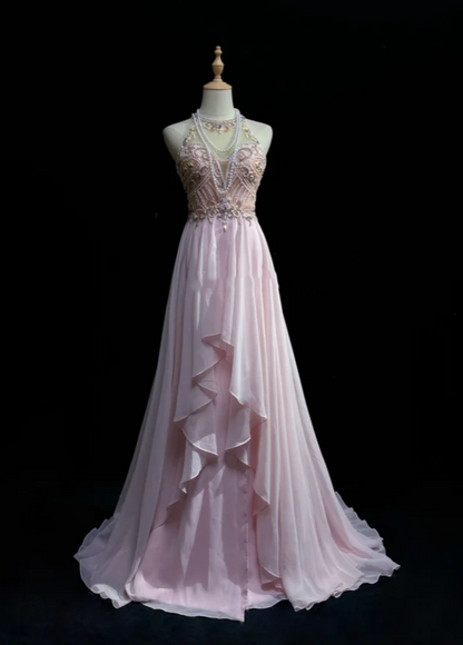 Classy Halter Chiffon Beaded Mermaid Formal Wedding Guest Dress,Pink Long Evening Dress Party Dress D2071