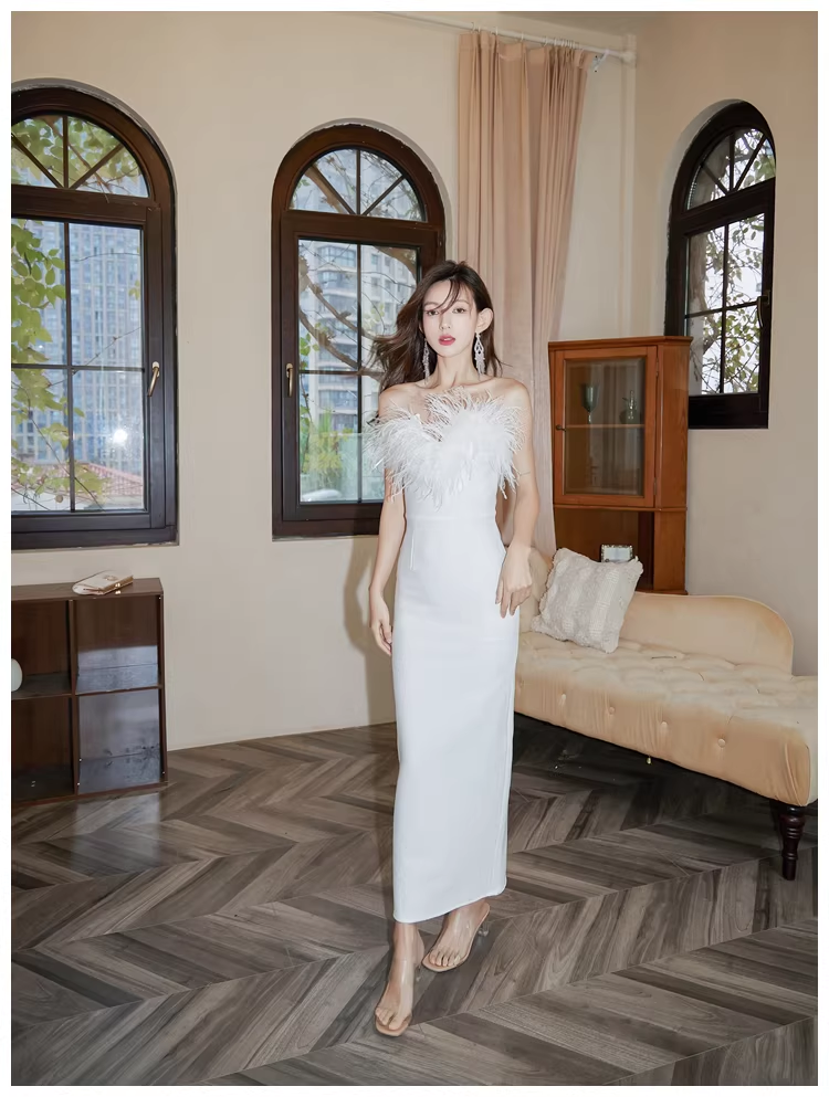 Chic Feathers Strapless White Satin Sheath Long Prom Dress Evening Dresses D2454