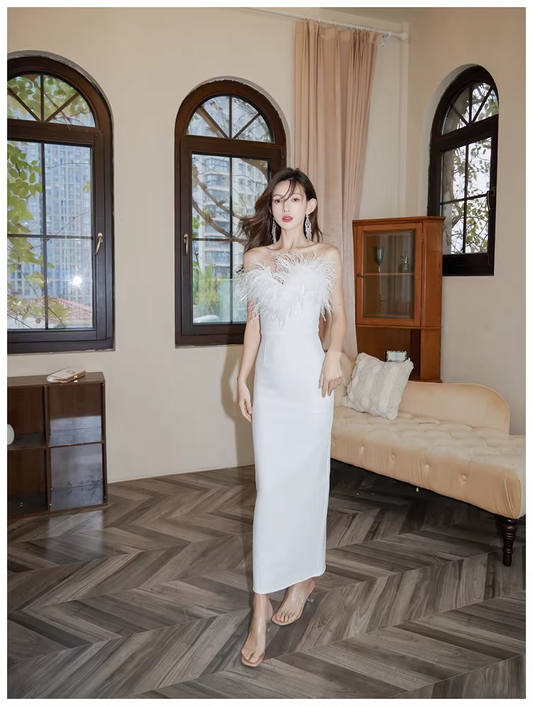 Chic Feathers Strapless White Satin Sheath Long Prom Dress Evening Dresses D2454