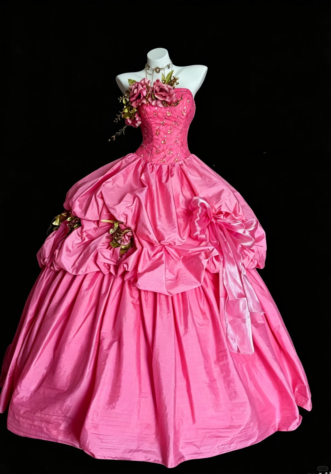 Sweet Hot Pink Strapless Satin Pleated Floral Quinceanera Dress Sweet 15 16 Dress D5238