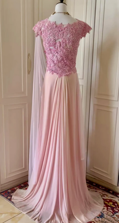 Charming V Neck Chiffon Lace Appliques Beaded Mermaid Long Evening Dress,Pink Party Gown D3094
