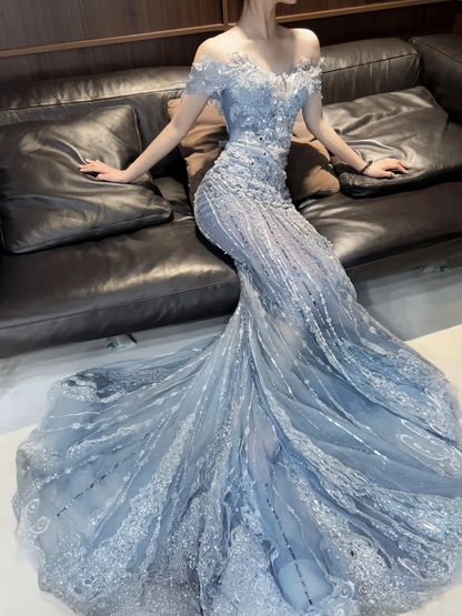 Shiny Off The Shoulder Tulle Applique Beaded Mermaid Long Party Dress Blue Prom Gown D5090