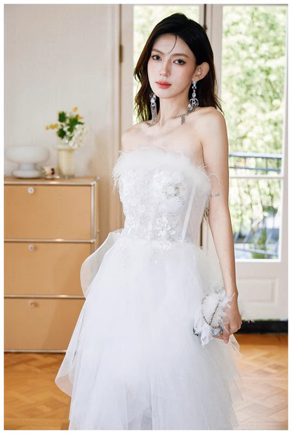 Classy White Feathers Strapless Embroidered Tulle Sequin Appliques Long Birthday Prom Dress Evening Gown D2403