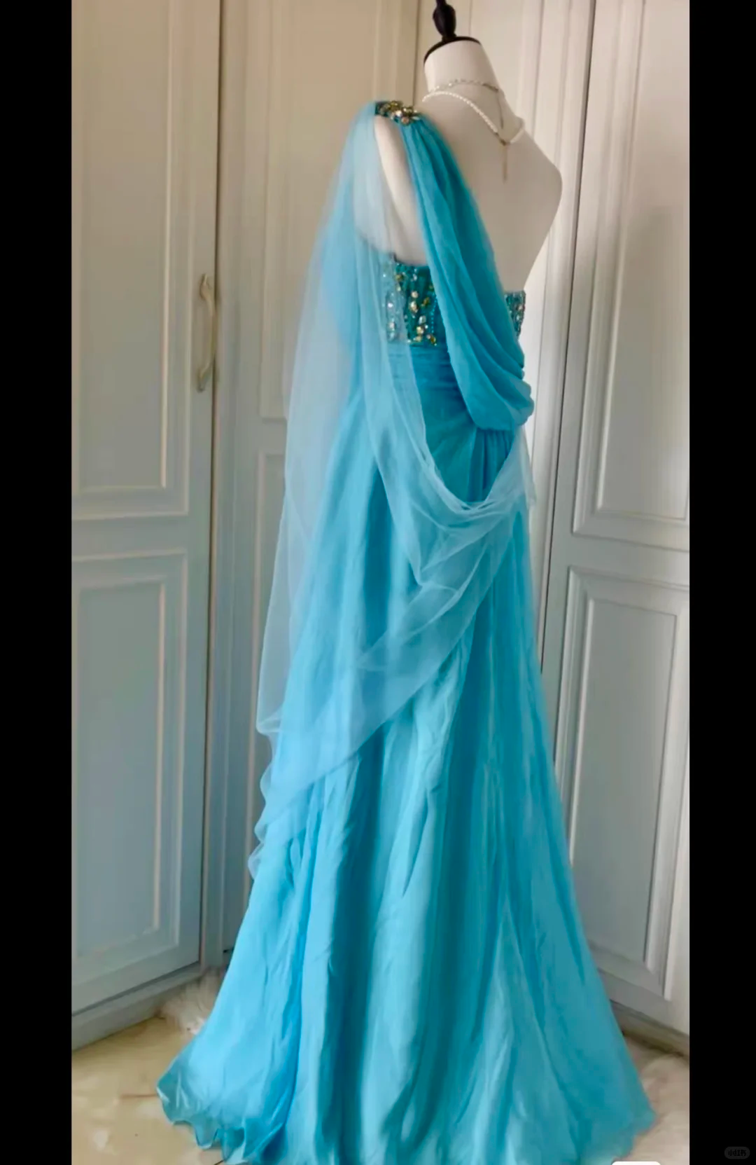 Stylish One Shoulder Blue Satin Tulle Beaded Mermaid Long Prom Dress Evening Dress D3093