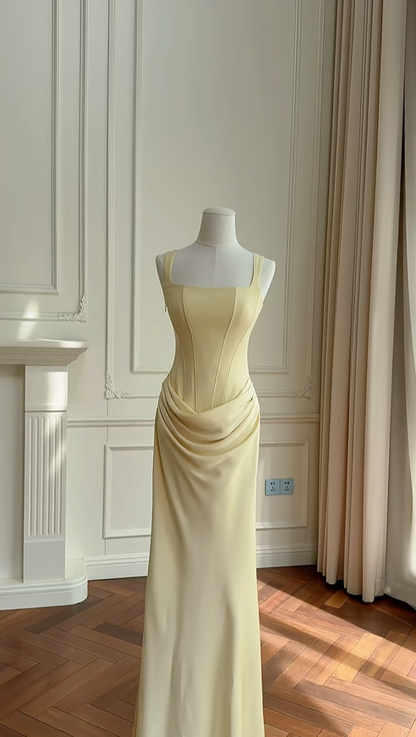Classy Yellow Satin Mermaid Long Wedding Guest Dress Formal Party Dress D2948