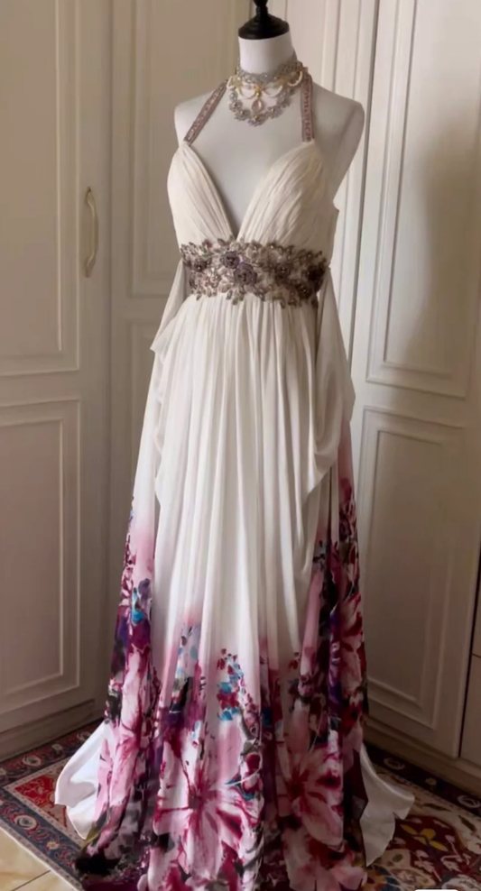 Beautiful Halter Beaded Chiffon Print Floral Mermaid Evening Dress,White Long Party Gown D3105