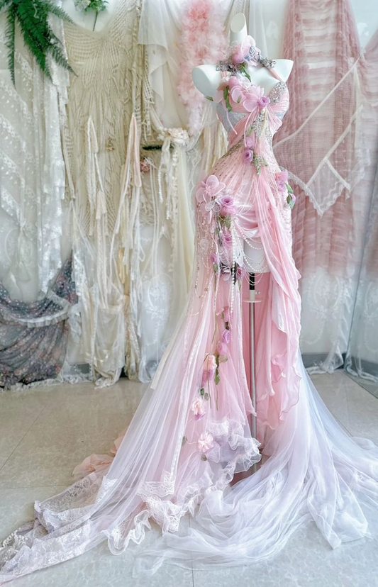 Classy Halter Pink Tulle Beaded Appliques Mermaid Long Party Dress Formal Evening Dress D1989