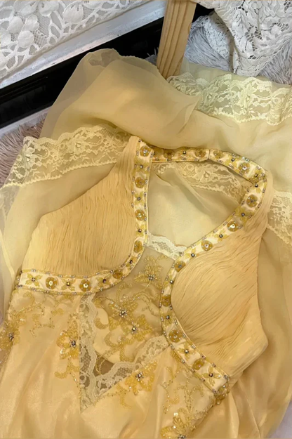 Classy Halter Yellow Lace Chiffon Beaded Mermaid Long Evening Gown Party Dress D1888